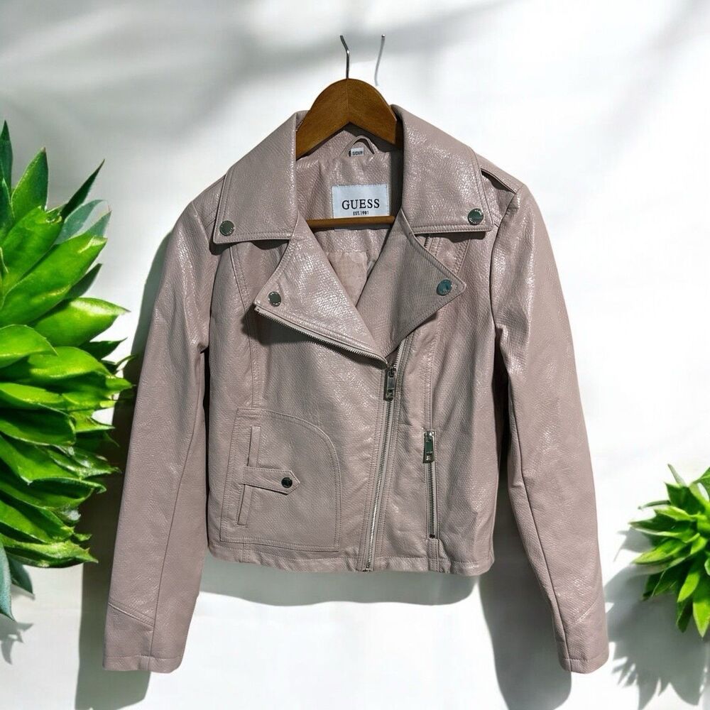 GUESS Moto Jacket Women’s Small Beige Faux Leather Snake Print Cropped Biker